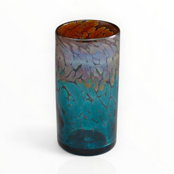 Handcrafted Hand Blown Glass Tumbler Short Vase w Reflective Iridescent Colors - Picture 1 of 16